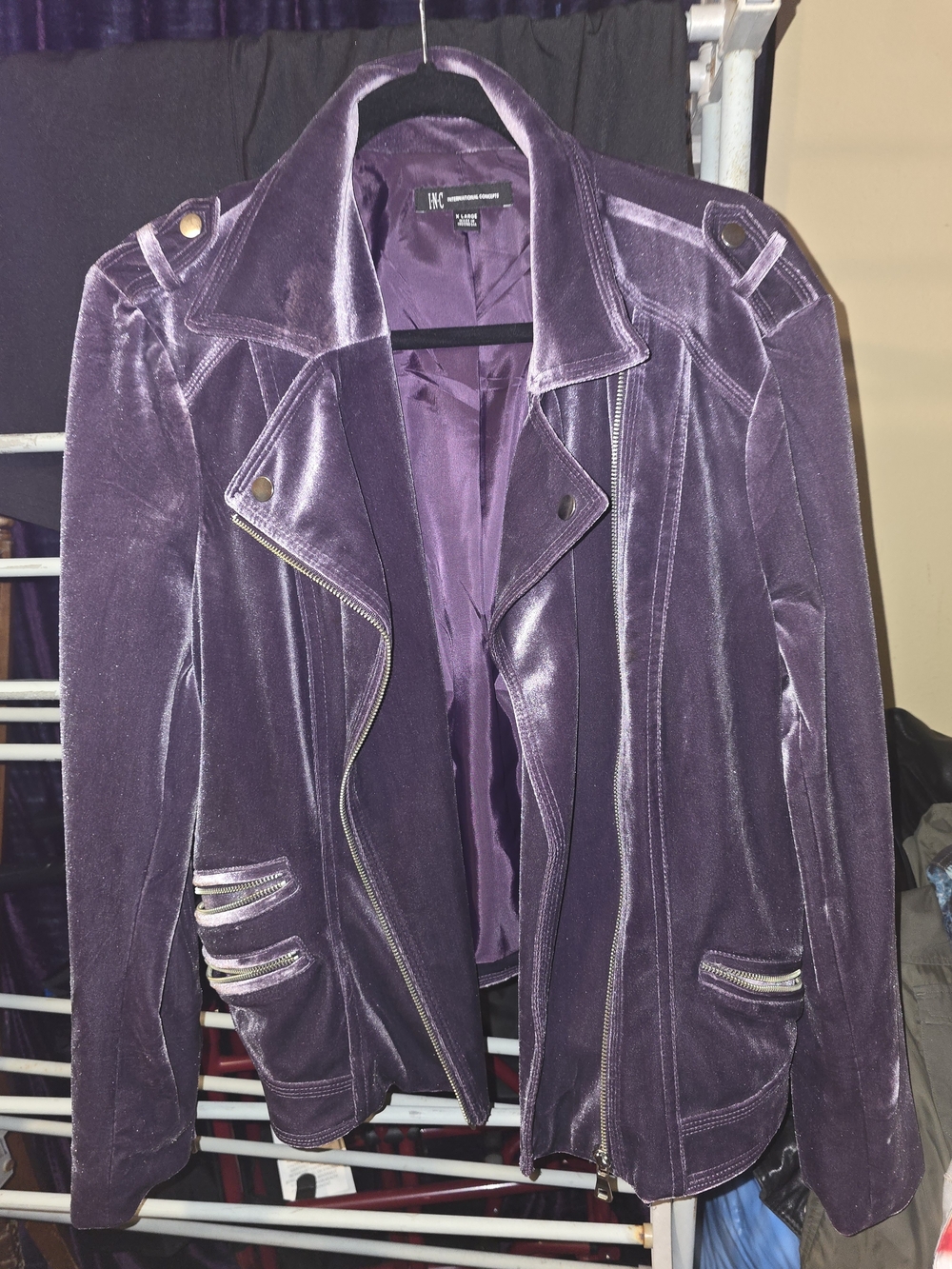 INC International Concepts Purple Velvet Moto Jacket Women XL Blackberry Biker